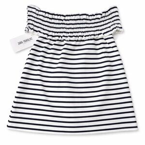 Zara Off Shoulder Striped Top Navy White Size L NWT Coastal Summer Stretch